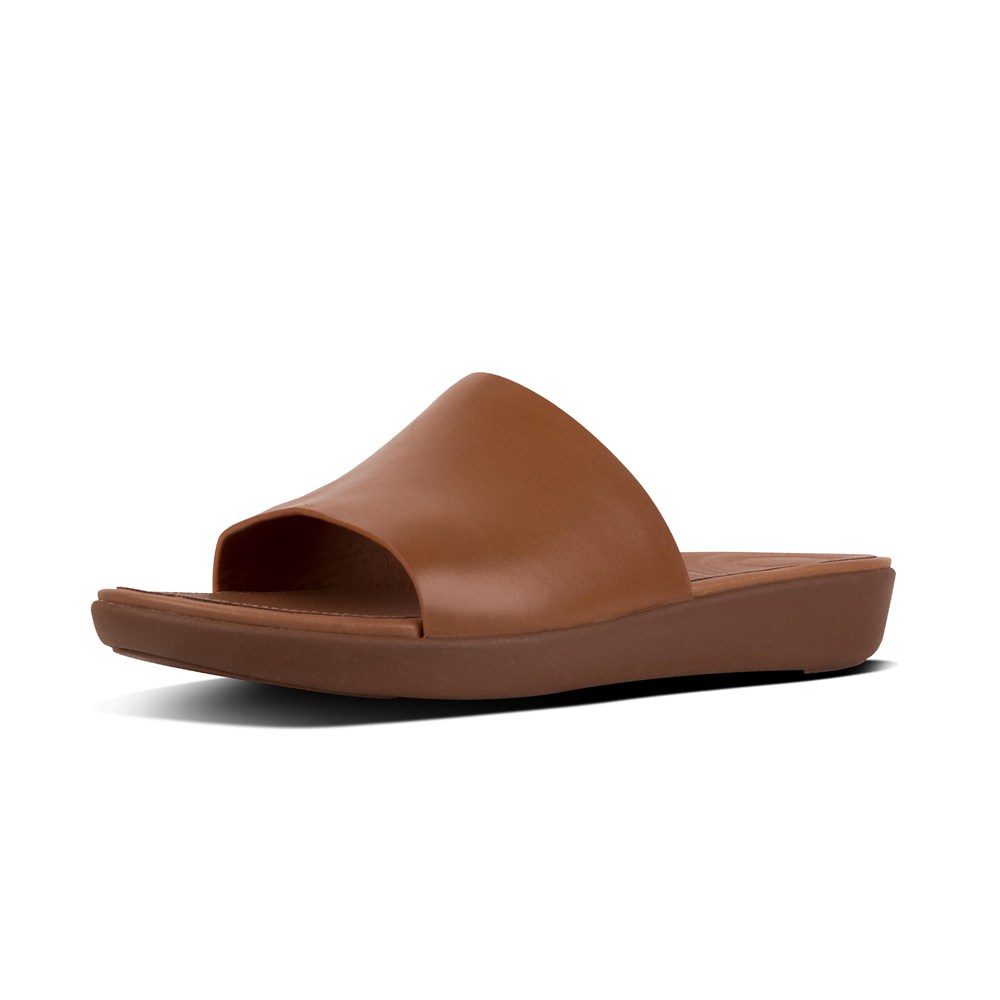 Fitflop Womens Slides Brown - Sola Leather - 62KEJDRNW